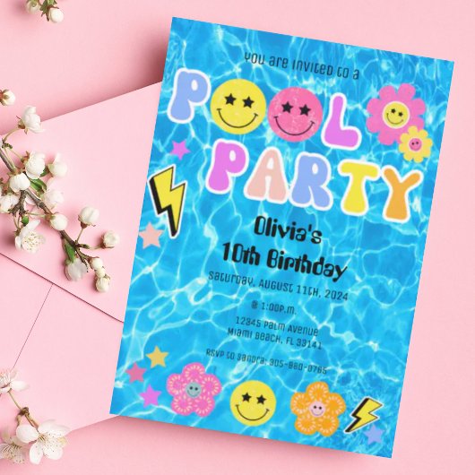 Invitation Preppy Retro Y2K Pool Party Joyeux visage Annivers