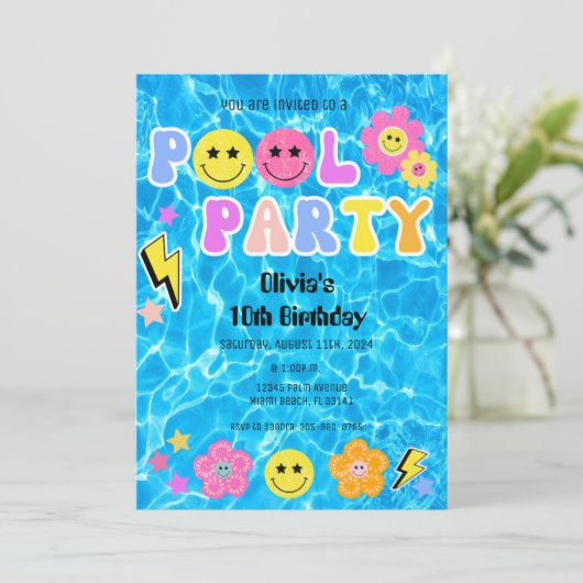 Invitation Preppy Retro Y2K Pool Party Joyeux visage Annivers (Debout devant)
