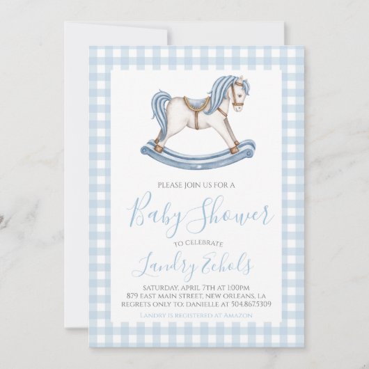 Invitation Preppy Rocking Horse Blue Boy Baby shower (Devant)