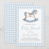Invitation Preppy Rocking Horse Blue Boy Baby shower (Devant / Derrière)