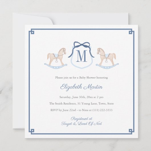 Invitation Preppy Rocking Horse Monogram Baby shower garçon (Devant)