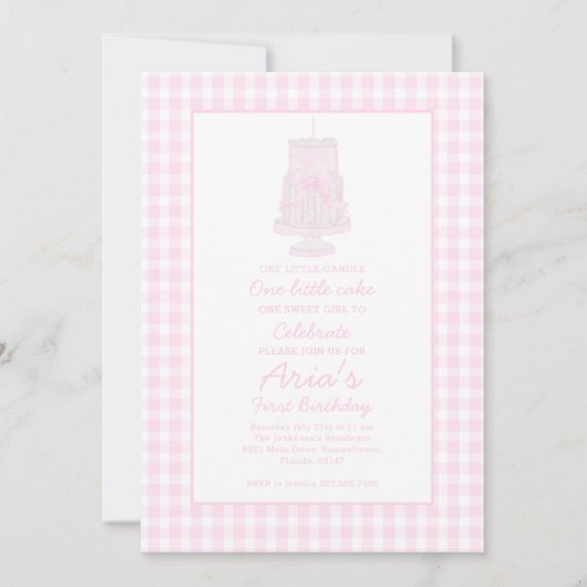 Invitation Preppy rose Anniversaire gâteau Premier anniversai (Devant)