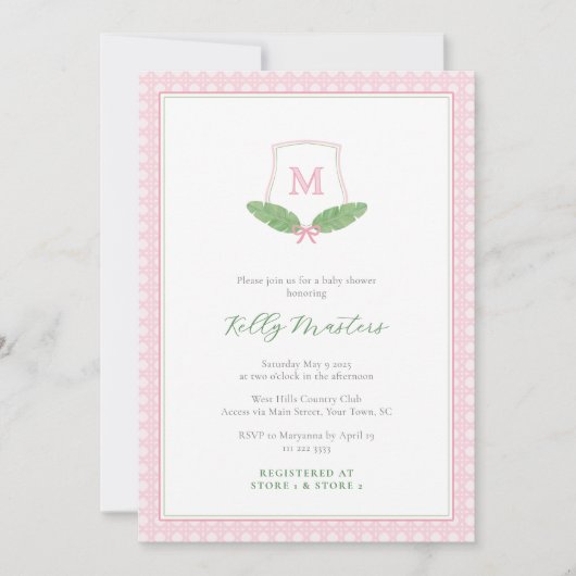Invitation Preppy rose vert Monogramme Canne bébé fille douch (Devant)