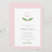 Invitation Preppy rose vert Monogramme Canne bébé fille douch (Devant / Derrière)