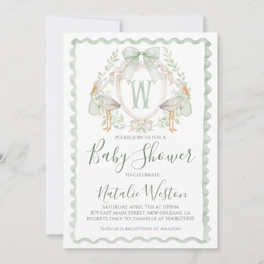 Invitation Preppy Sage Green Stork Baby shower garçon (Devant)