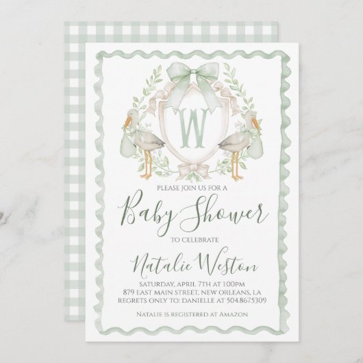 Invitation Preppy Sage Green Stork Baby shower garçon (Devant / Derrière)
