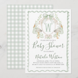 Invitation Preppy Sage Green Stork Baby shower garçon
