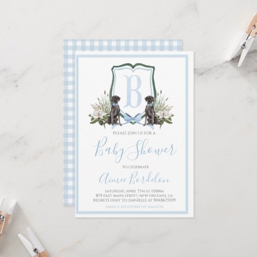 Invitation Preppy Southern Blue Boy Baby shower Chien (Devant/Arrière en situation)