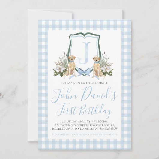 Invitation Preppy Southern Blue Boy Chien premier anniversair (Devant)