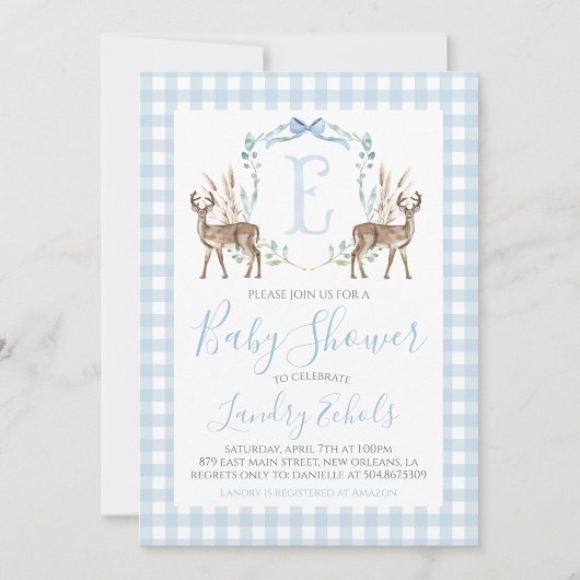 Invitation Preppy Southern Blue Boy Deer Hunter Baby shower