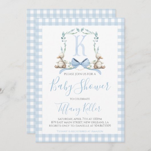 Invitation Préppy Southern Blue Boy Duck Baby shower (Devant / Derrière)
