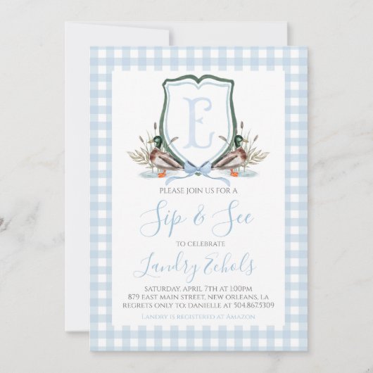 Invitation Preppy Southern Blue Boy Duck Baby Sip & See (Devant)