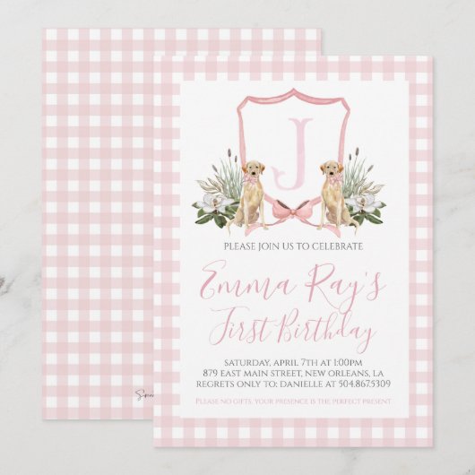 Invitation Preppy Southern Rose Girl Chien premier anniversai (Devant / Derrière)