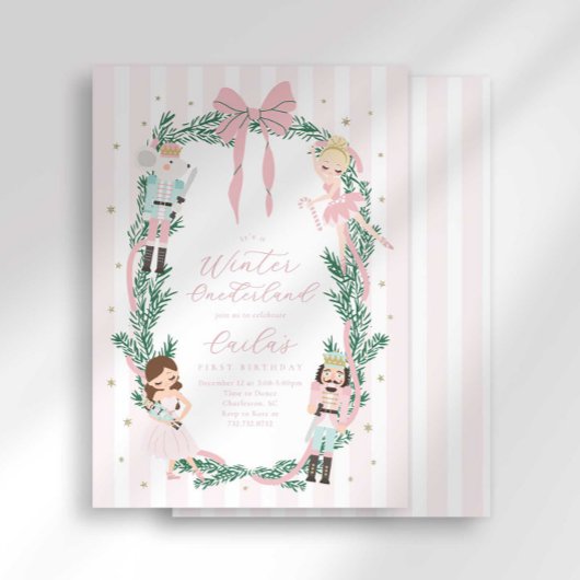 Invitation Preppy Stripe Bow Nutcracker Ballet First Birthday