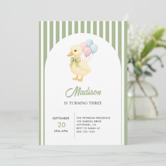 Invitation Preppy Stripes Cute Duck Theme Kids Birthday Party (Debout devant)