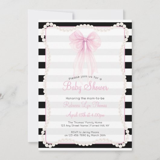 Invitation Preppy Stripes Pink Bow Pearls Baby Shower (Devant)