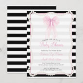 Invitation Preppy Stripes Pink Bow Pearls Baby Shower (Devant / Derrière)