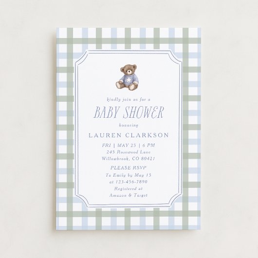 Invitation Preppy Teddy Bear Blue and Sage Plaid Baby Shower 