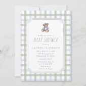 Invitation Preppy Teddy Bear Blue and Sage Plaid Baby Shower  (Devant)