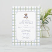 Invitation Preppy Teddy Bear Blue and Sage Plaid Baby Shower  (Debout devant)