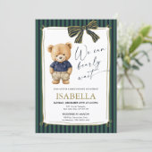 Invitation Preppy Teddy Bear Blue Green Baby Shower (Debout devant)