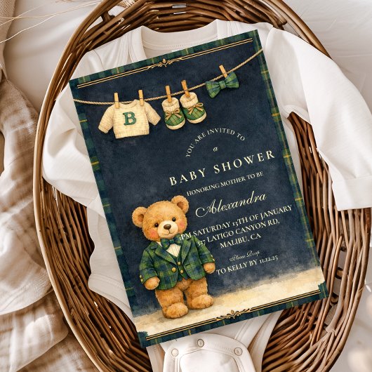Invitation Preppy Teddy Bear Plaid Baby Shower