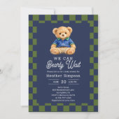 Invitation Preppy Teddy Bearly Wait Checkboard Baby Shower (Devant)