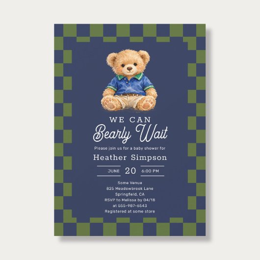 Invitation Preppy Teddy Bearly Wait Checkboard Baby Shower