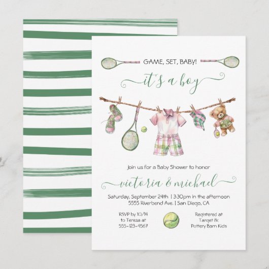 Invitation Preppy Tennis Boy Baby shower (Devant / Derrière)