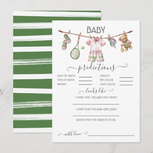 Invitation Preppy Tennis Clothesline Baby Predictions Jeu (Devant / Derrière)
