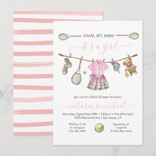 Invitation Preppy Tennis Girl Baby shower (Devant / Derrière)