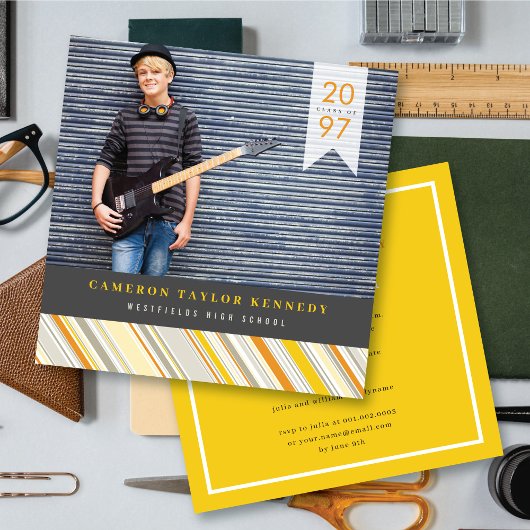 Invitation Preppy Yellow Pin Stripes Photo Graduation Party