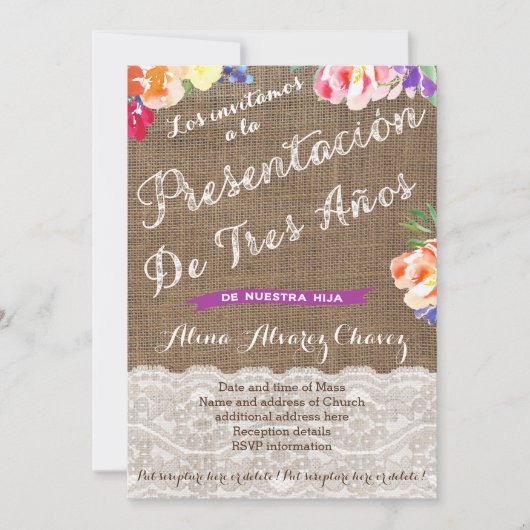 Invitation présentacion de tres años para niña, flores (Devant)