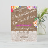 Invitation présentacion de tres años para niña, flores (Debout devant)