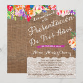 Invitation présentacion de tres años para niña, flores (Devant / Derrière)