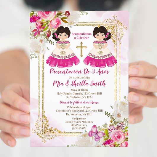Invitation Présentacion jumelle blanche et rose De 3 Años
