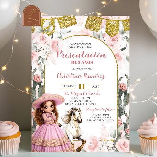 Invitation Présentation de 3 ans fille charra mexicaine fleur