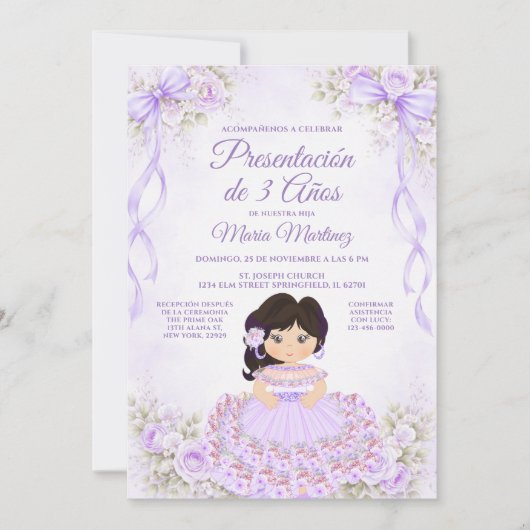 Invitation Présentation de 3 Ans Fille Espagnole Ruban Violet (Devant)