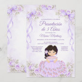 Invitation Présentation de 3 Ans Fille Espagnole Ruban Violet (Devant / Derrière)