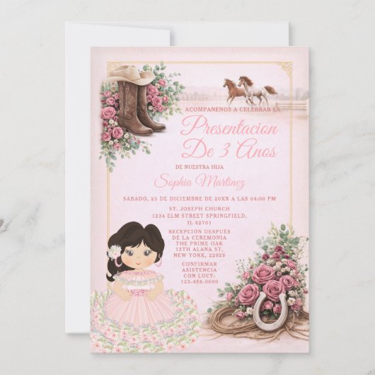 Invitation Présentation de 3 ans florale rose western espagno (Devant)