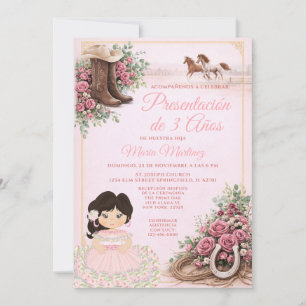 Invitation Présentation de 3 Ans Florale Rose Western Espagno