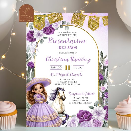 Invitation Présentation de Fille Charra Mexicaine Fleur Viole