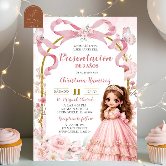 Invitation Présentation de fille en rose pâle avec noeud papi