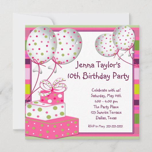 Invitation Présents Ballons Roses Fille Fête d'anniversaire (Devant)