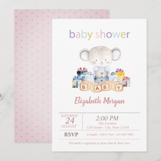 Invitation Présents d'ourson Dots Baby Shower (Devant / Derrière)
