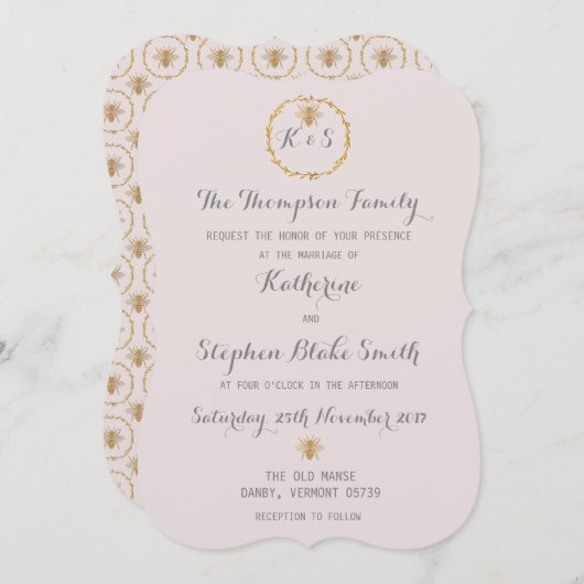 Invitation Presque Mauve Lilac Gold Foil Golden Bees Mariage (Devant / Derrière)