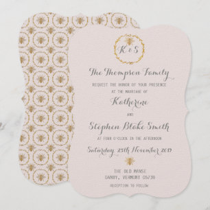 Invitation Presque Mauve Lilac Gold Foil Golden Bees Mariage