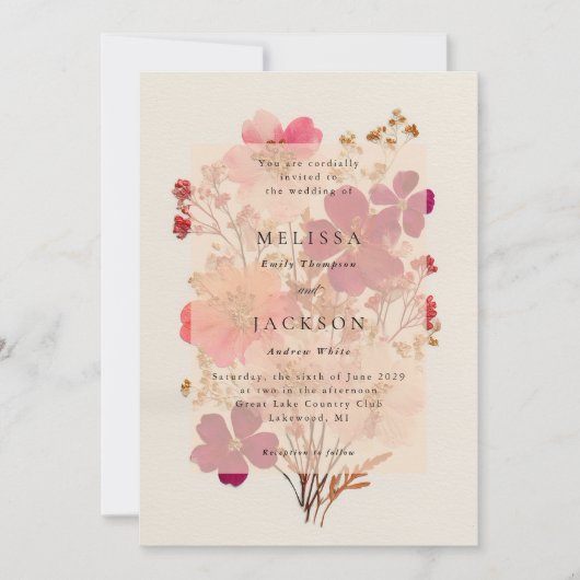 Invitation Pressé rose rouge et crème, Mariage floral Invitat (Devant)
