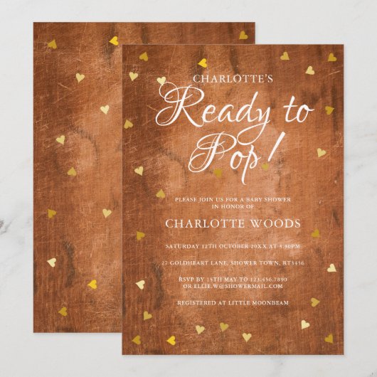 Invitation Prêt à éclore Baby Shower Cœurs Dorés Bois Rustiqu (Devant / Derrière)