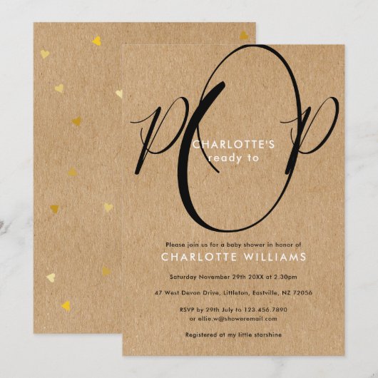 Invitation Prêt à éclore Baby Shower Script Chic Kraft Rustiq (Devant / Derrière)